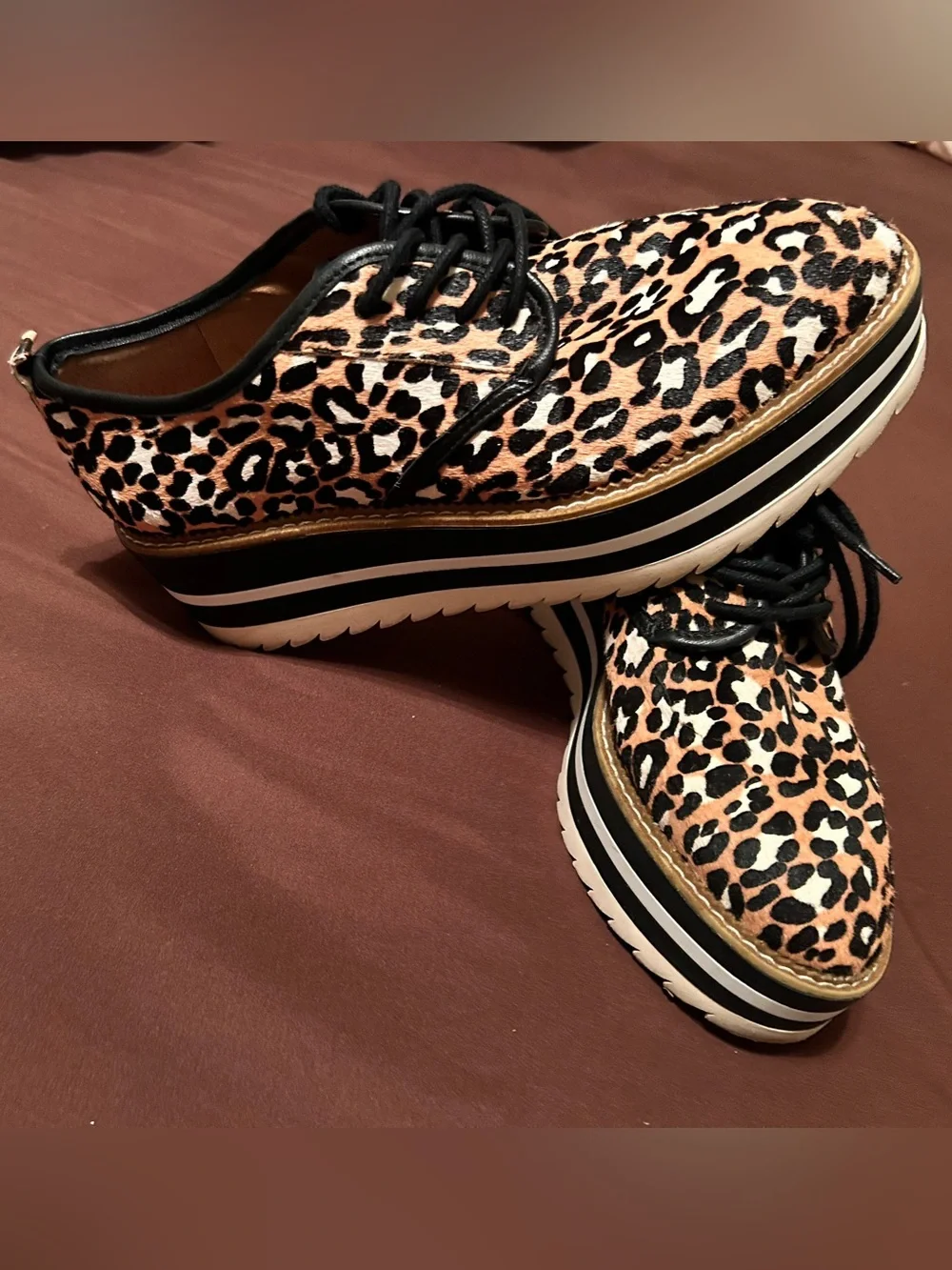 Giani Bini calf-hair leopard print, black/white stacked sole sz9 slaede oxford